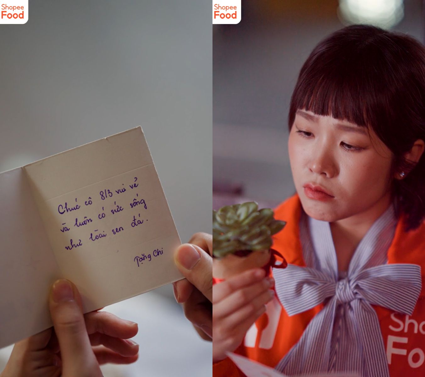 A person holding a note and a hand holding a plantDescription automatically generated